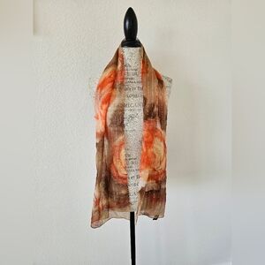 Orange Rose Print Pinstripe Sheer Wide Neck Scarf Made In Italy